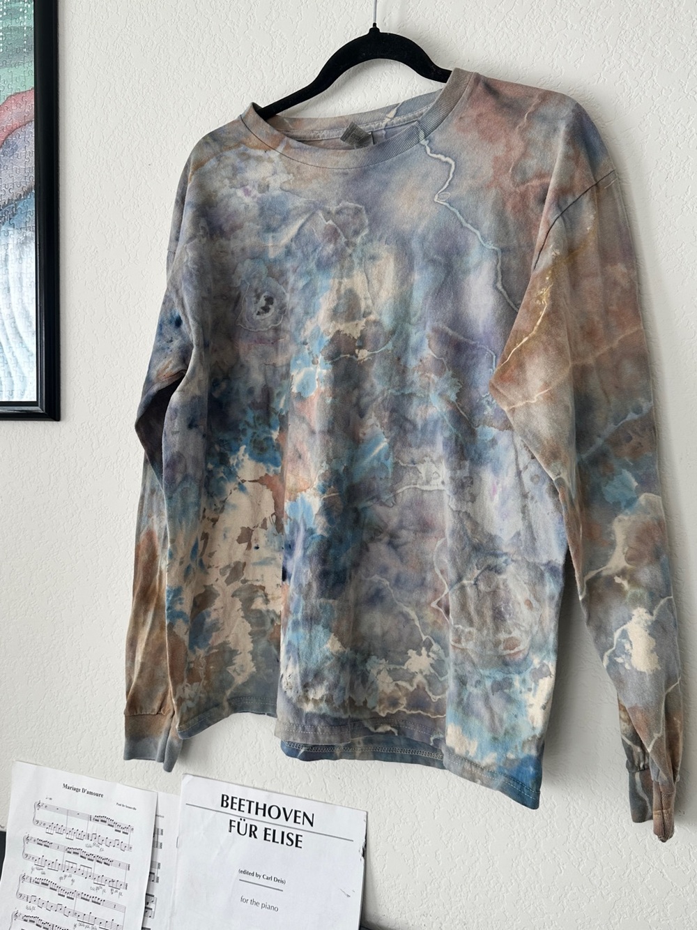 ICE DYE TIE DYE LONG SLEEVE TEE BLUE BROWN WATERCOLOR GRUNGE UNISEX L